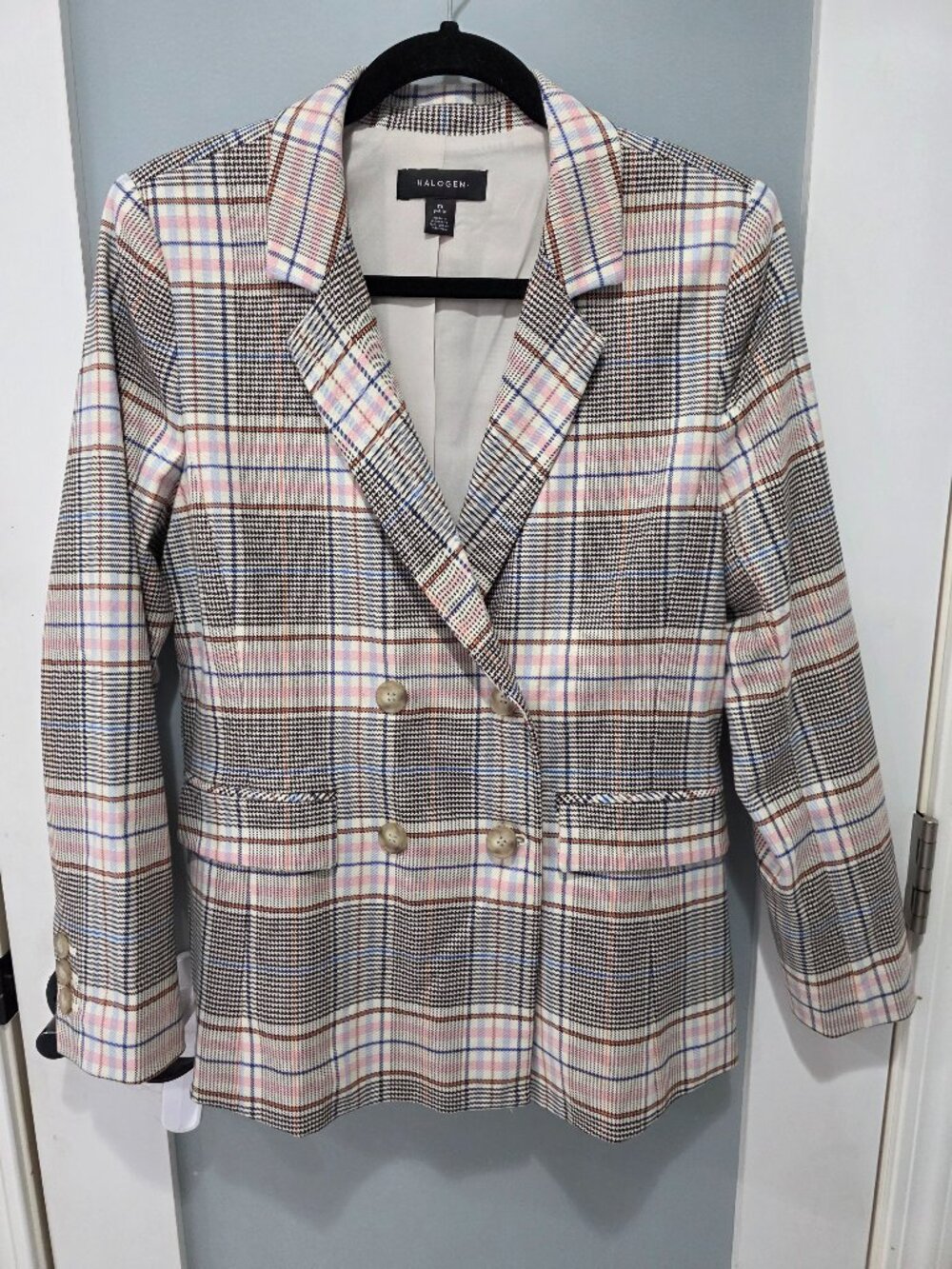 Halogen Pink Blue Plaid Double Breasted Blazer – Petite Medium‎